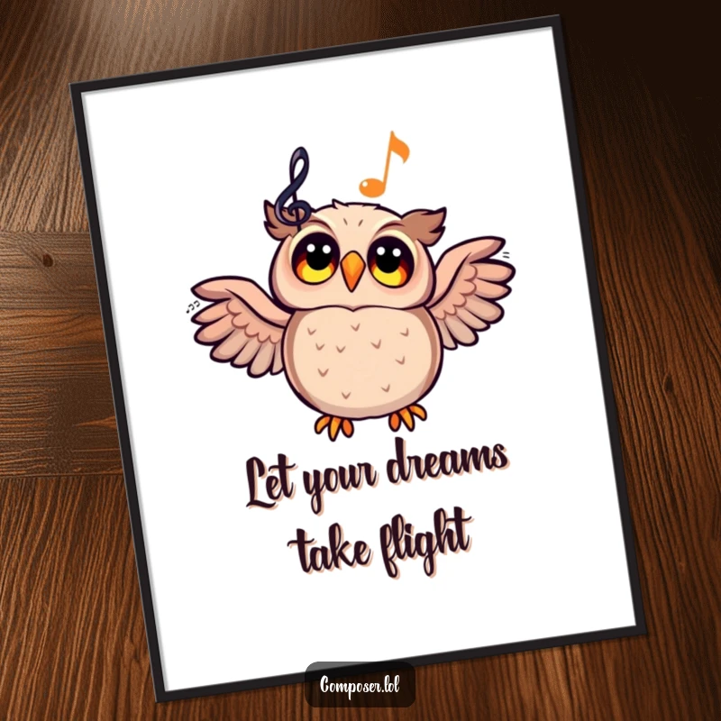 Funny Free Printable Wall Art: A delighted cartoon owl looking up at a glowing musical staff with wide, inspired eyes.