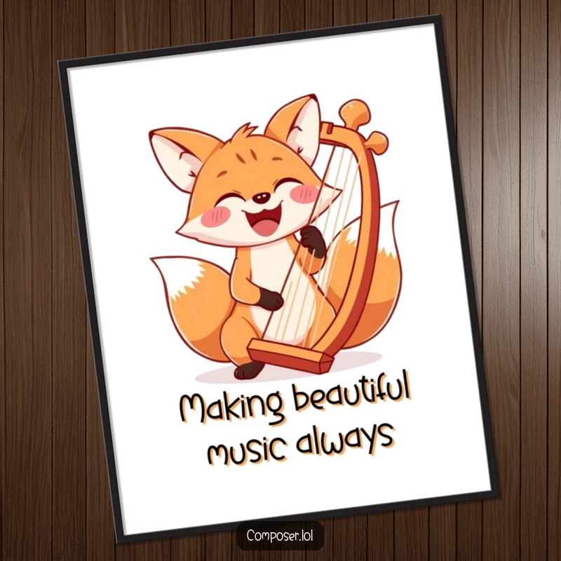Funny Free Printable Wall Art: A smiling fox energetically playing a massive harp, creating a symphony of happiness and joy.