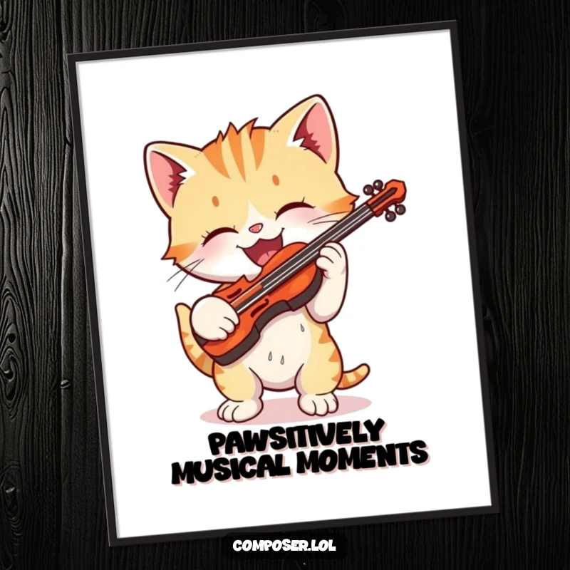 Funny Free Printable Wall Art: A playful cartoon kitten gleefully playing a tiny violin with exaggerated delight.