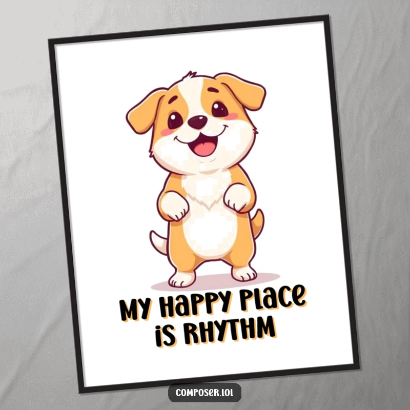 Funny Free Printable Wall Art: A proud dog rhythmically tapping its feet and wagging its tail joyfully to an imaginary tune.