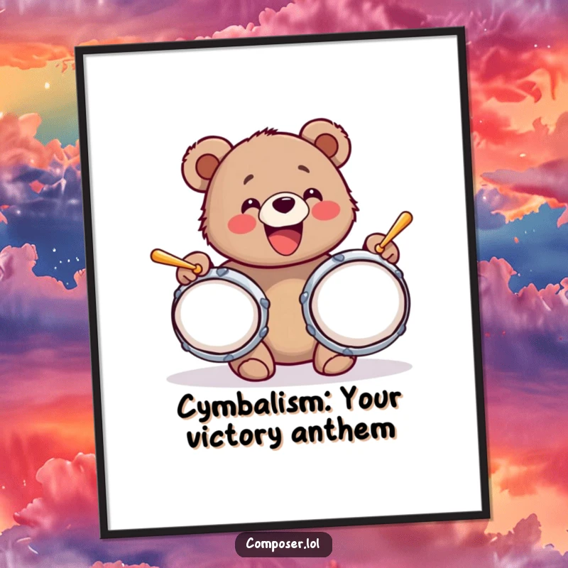 Funny Free Printable Wall Art: A bear cub joyfully banging large cymbals with an infectious wide grin.