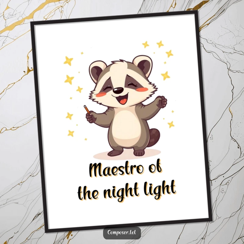 Funny Free Printable Wall Art: A happy badger enthusiastically conducts a glowing orchestra of fireflies with a magnificent flourish.