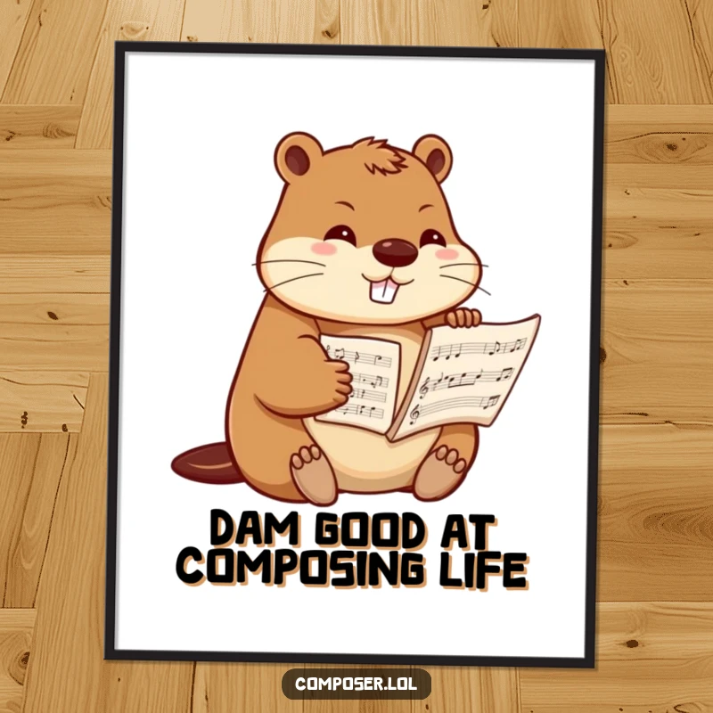 Funny Free Printable Wall Art: A determined beaver meticulously arranging sheet music, exuding focus and artistic humor.
