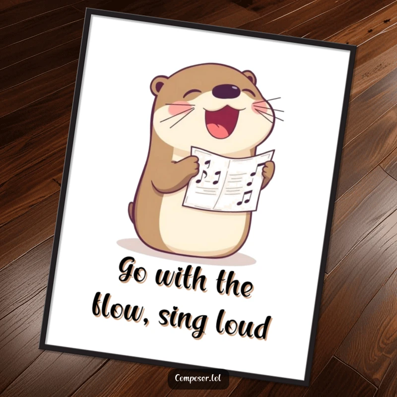 Funny Free Printable Wall Art: A joyous otter with sheet music in its beak, singing loudly with pure happiness.