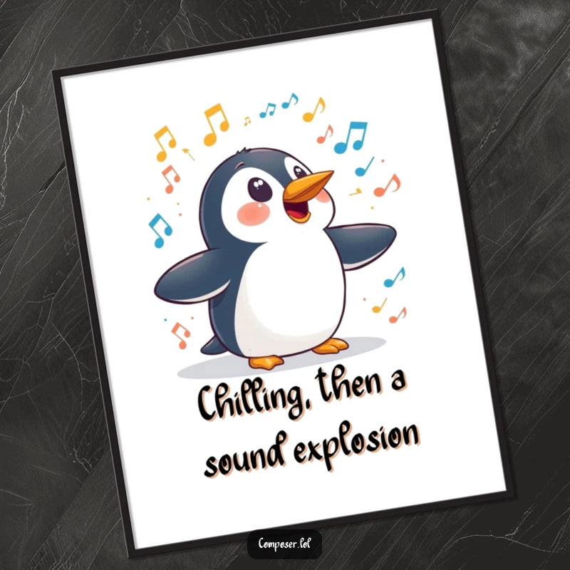 Funny Free Printable Wall Art: A playful penguin caught off guard by a sudden, loud symphony of sounds erupting.