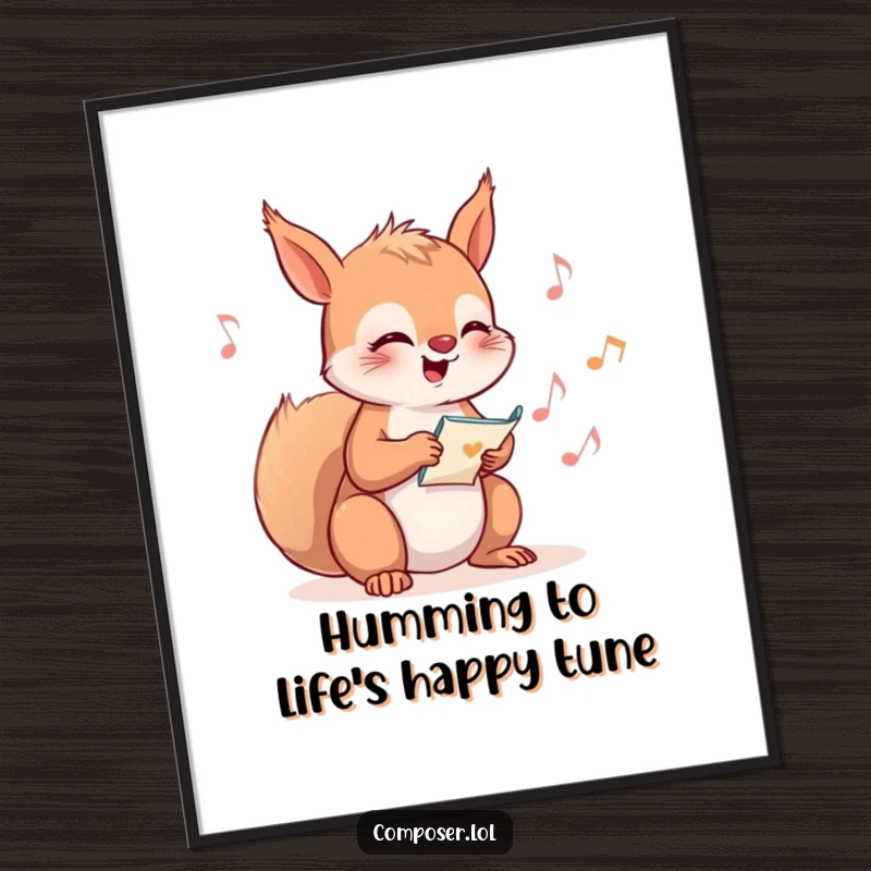 Funny Free Printable Wall Art: A giggling squirrel composing a happy melody, with musical notes floating whimsically around.