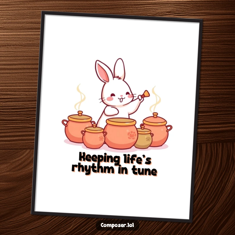 Funny Free Printable Wall Art: A playful rabbit energetically drumming a lively beat on a collection of pots with joy.