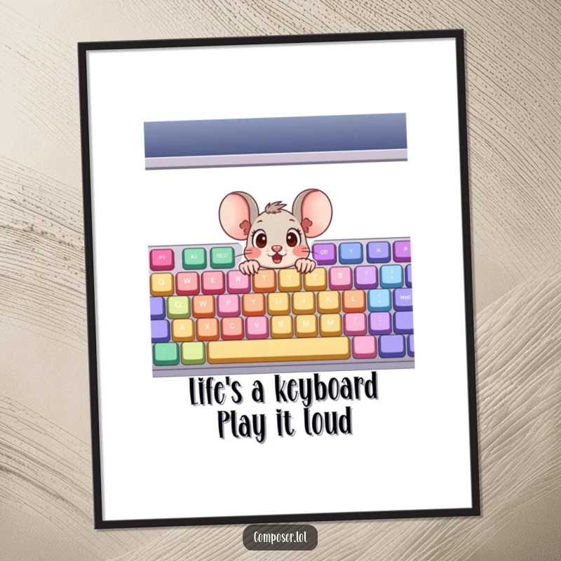 Funny Free Printable Wall Art: Surprised cartoon mouse peeking from a giant colorful keyboard, whimsical downloadable decor.