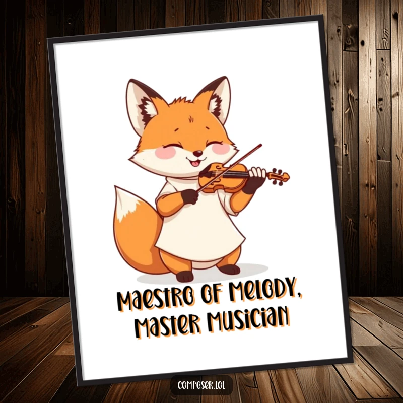 Funny Free Printable Wall Art: A fox in a smock passionately playing a miniature violin with eyes closed in musical bliss.