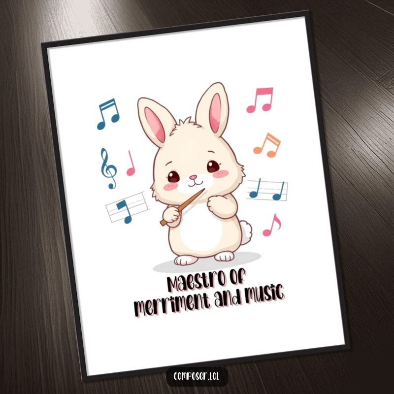 Funny Free Printable wall art of a fluffy bunny with a baton, conducting music notes with energetic flair.