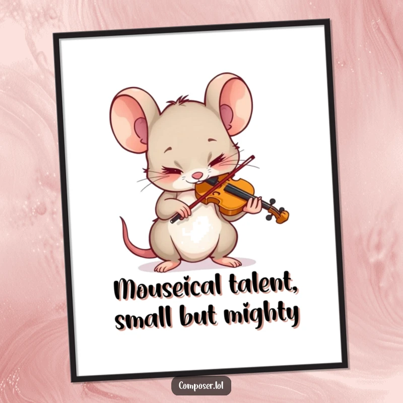 Funny Free Printable Wall Art: Tiny mouse with intense concentration plays a tiny violin, creating a charming musical scene.