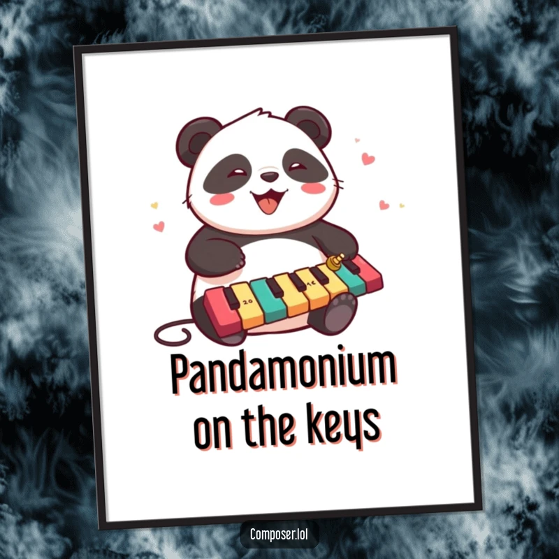 Funny Free Printable Wall Art: Chubby panda joyfully playing a xylophone with a vibrant cascade of musical notes.