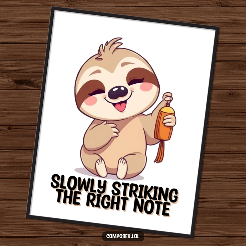 Funny Free Printable Wall Art: Goofy sloth gently tapping a single chime with a slow, contented grin, radiating peace.