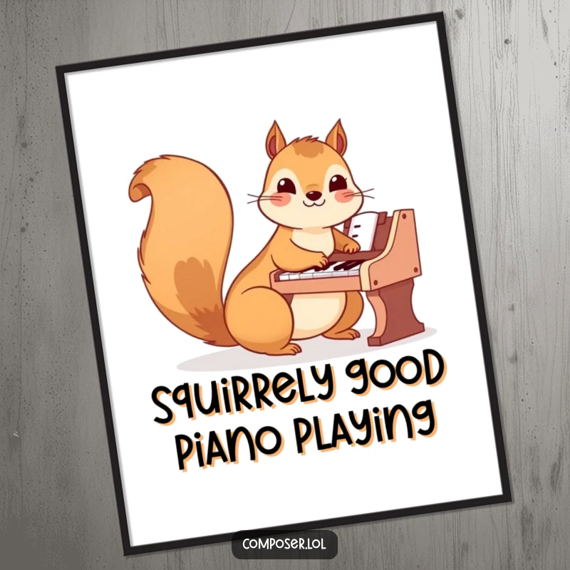 Funny Free Printable Wall Art: A happy squirrel plays a tiny piano with nimble paws, creating a cheerful melody.