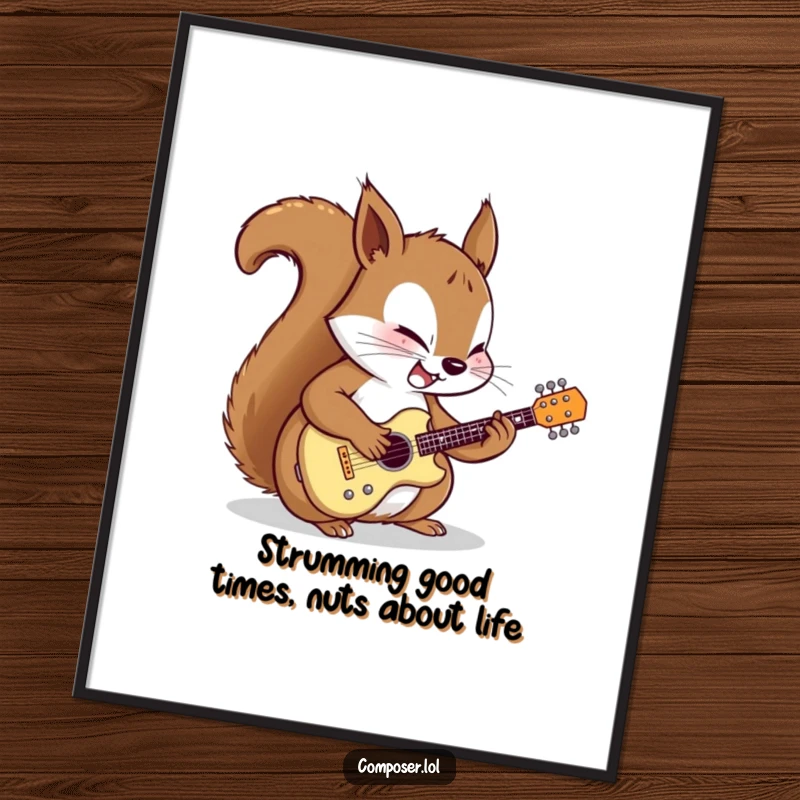 Funny Free Printable Wall Art: A determined cartoon squirrel joyfully concentrates on tuning a miniature guitar.