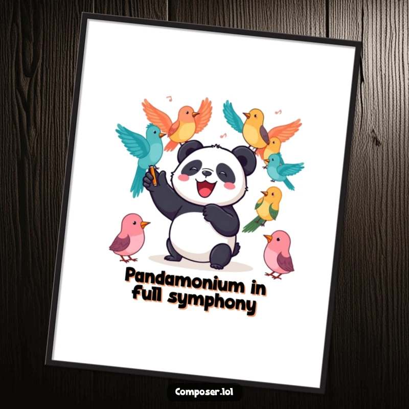 Funny Free Printable Wall Art: A joyful panda enthusiastically conducts a vibrant orchestra composed of colorful birds.