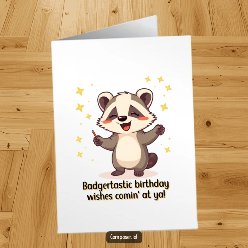 Funny Free Printable Birthday Card: Badger conducting firefly orchestra with a joyful expression and waving baton.