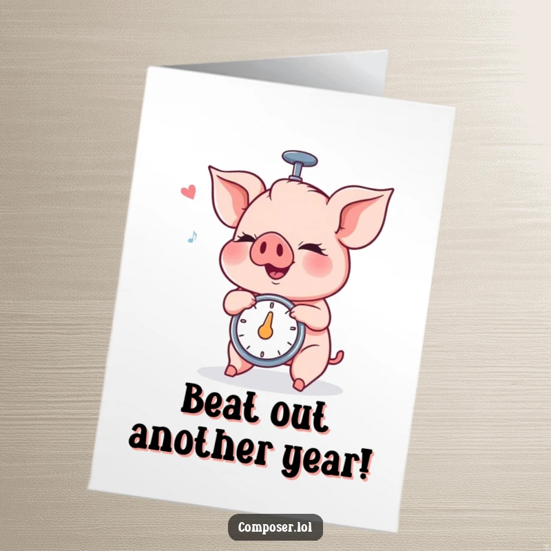Funny Free Printable Birthday Card shows a piglet intently spinning a metronome with a happy hum, ready for a musical celebration.