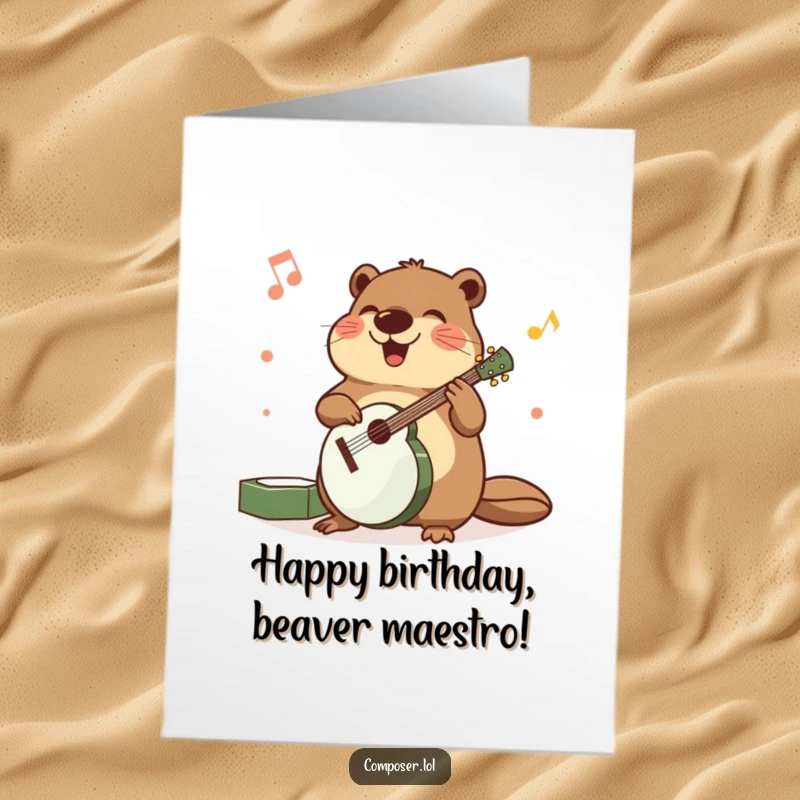 Funny Free Printable Birthday Card: A beaming beaver precisely arranging musical instruments with happy, energetic movements, birthday music theme.