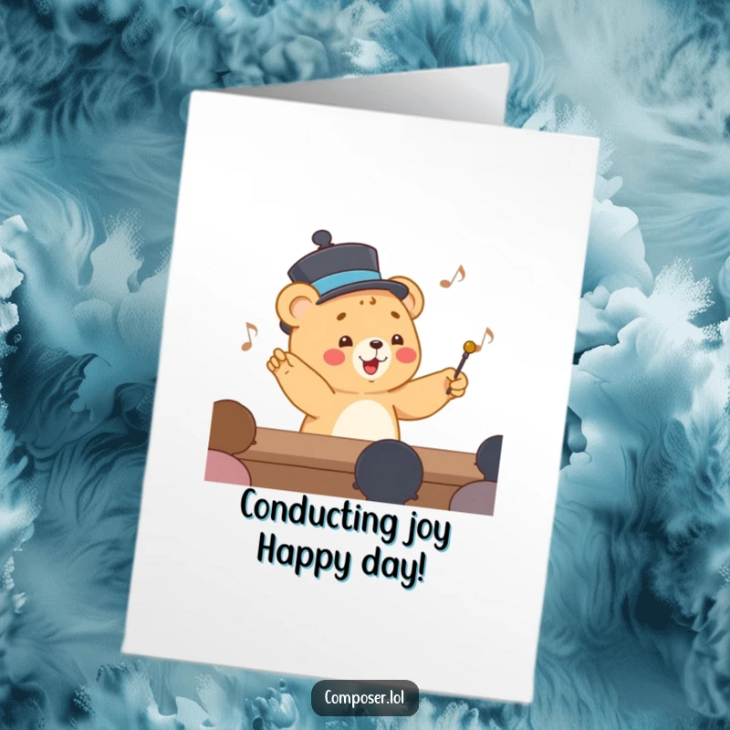Funny Free Printable Birthday Card: Happy bear cub in hat conducting orchestra with baton, a joyous birthday symphony, great downloadable gift.