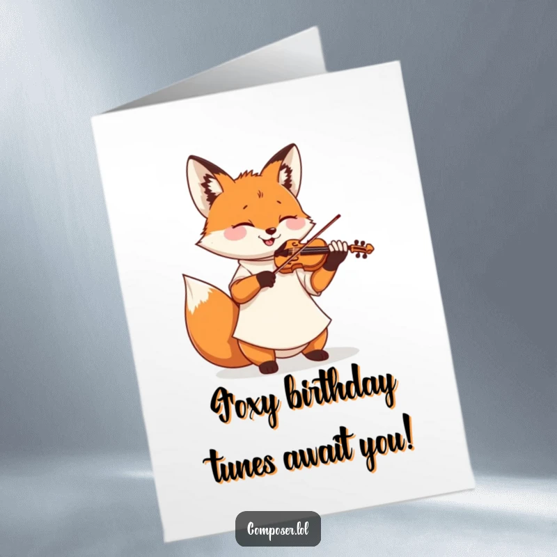 Funny Free Printable Birthday Card featuring a fox in a smock joyfully playing a mini violin with eyes closed.