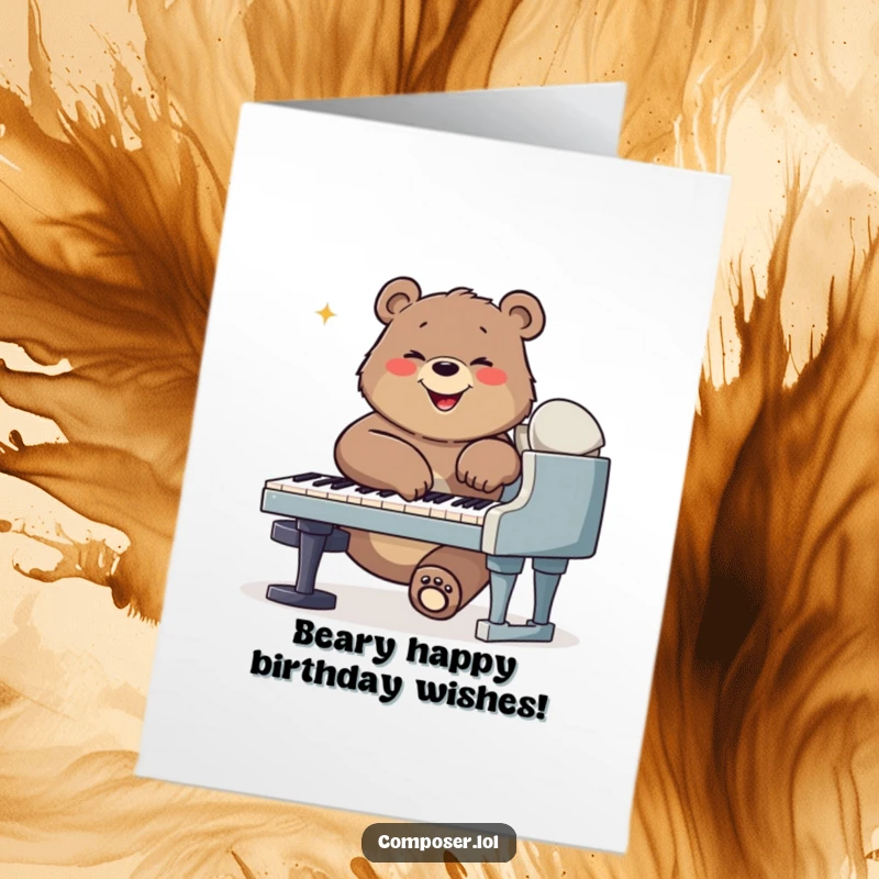Funny Free Printable bear joyfully playing a giant piano with all paws, grinning widely, celebrating a birthday in style.