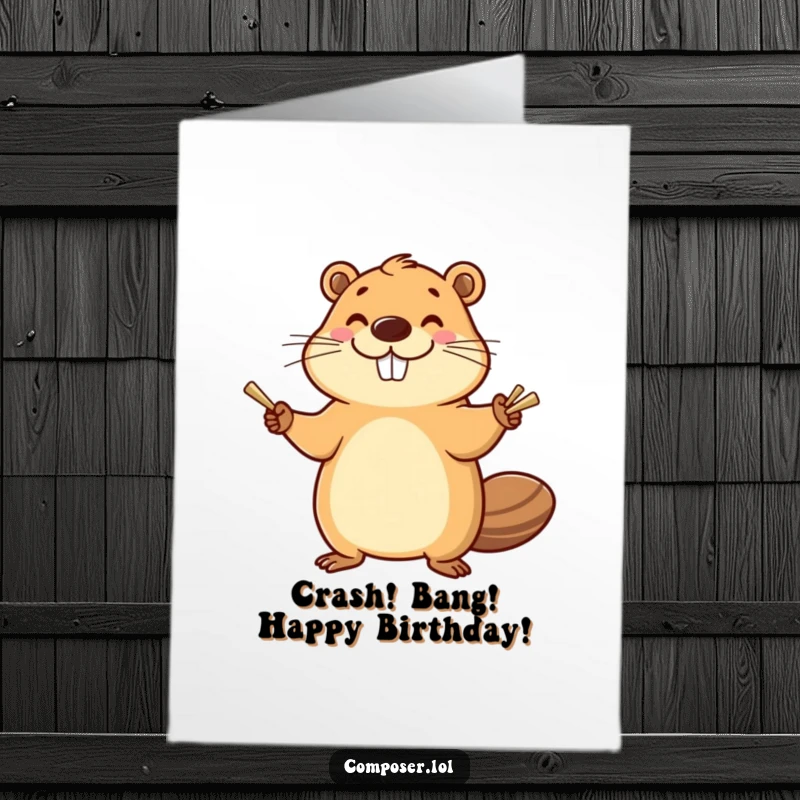 Funny Free Printable Birthday Card: Smiling beaver enthusiastically banging cymbals with a happy flourish and a big grin.