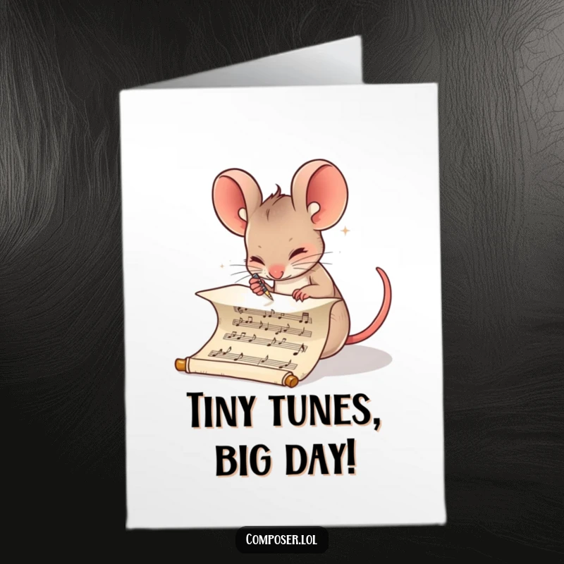 Funny Free Printable Birthday Card: Determined mouse carefully writing musical notes on a scroll, composing a special tune.