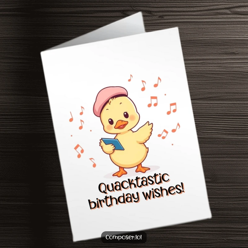 Funny Free Printable Birthday Card: A duckling in a beret conducts a choir of musical notes, celebrating with flair.