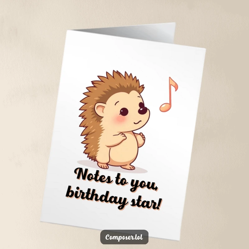 Funny Free Printable Birthday Card: Curious cartoon hedgehog tilting head, listening to a giant musical note, perfect downloadable gift.