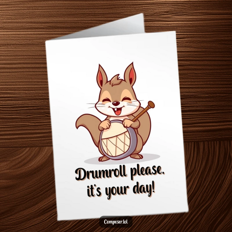 Funny Free Printable Birthday Card: Mischievous squirrel drummer enthusiastically hitting a tiny drum with a big grin.