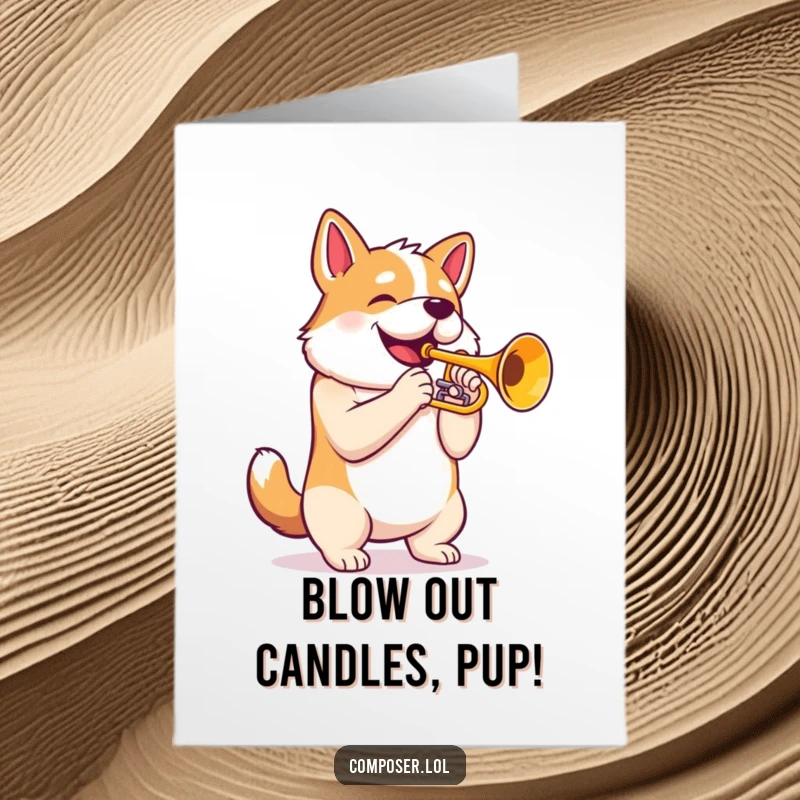 Funny Free Printable Birthday Card: Proud dog with puffed chest, playing a majestic trumpet with musical notes flying out.
