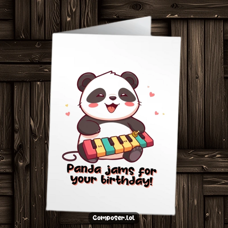 Funny Free Printable Birthday Card: Chubby panda joyfully playing a xylophone with a cascade of colorful keys.