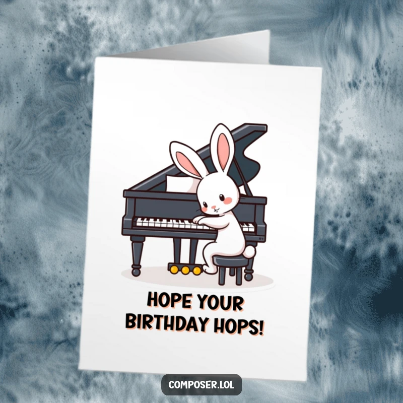 Funny Free Printable Birthday Card: A playful rabbit with big ears gently taps out a tune on a grand piano.