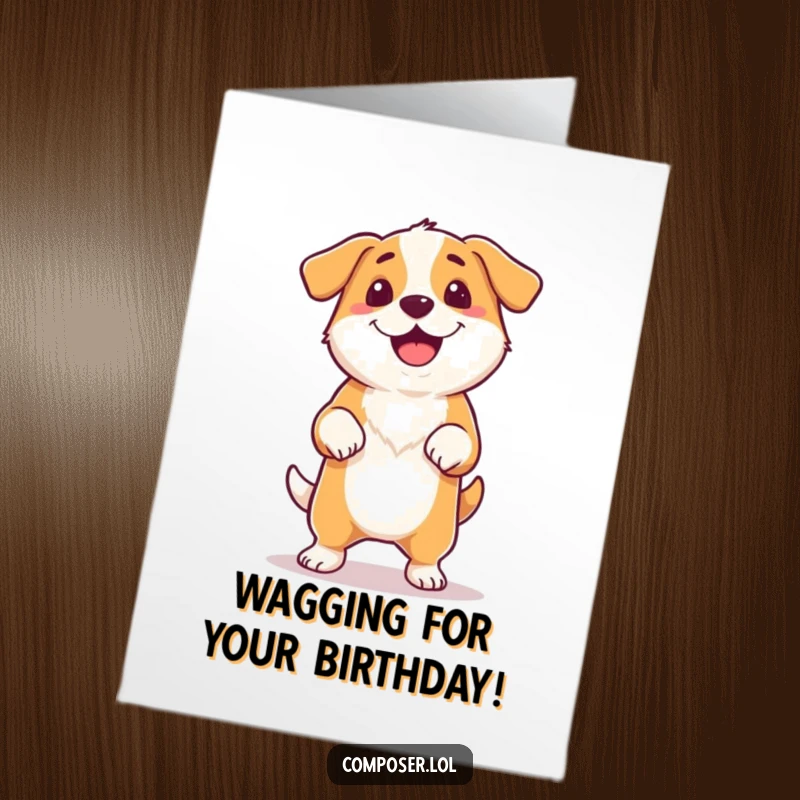 Funny Free Printable Birthday Card: A proud dog tapping its foot to music with a happy tail wag, ready to celebrate.