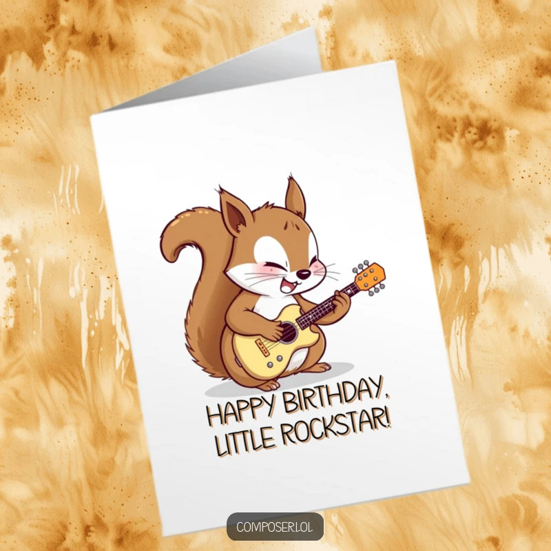 Funny Free Printable Birthday Card: Determined squirrel focuses joyfully on tuning a miniature guitar.