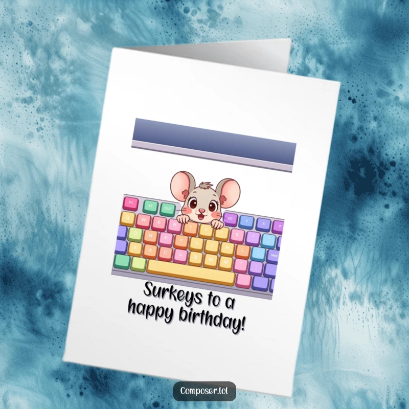 Funny Free Printable Birthday Card: Surprised cartoon mouse peeking from a giant colorful keyboard, a humorous downloadable greeting.