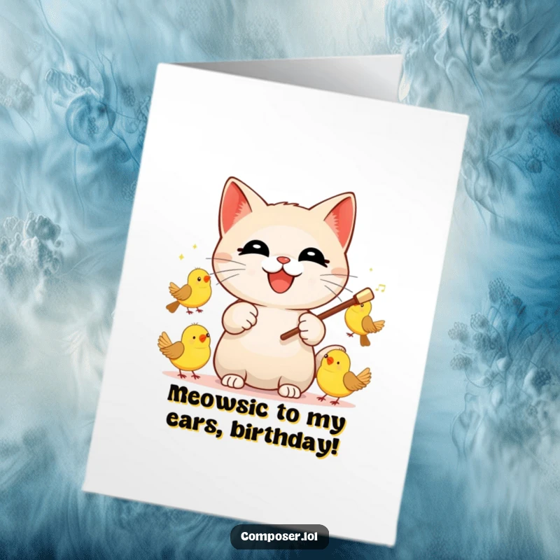 Funny Free Printable Birthday Card: A cat conductor leading a choir of birds with a baton, celebrating with musical joy.