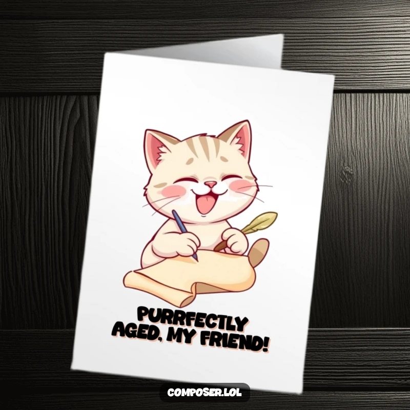 Funny Free Printable birthday card showing a giggling cat wielding a quill pen, writing with great enthusiasm on a scroll.