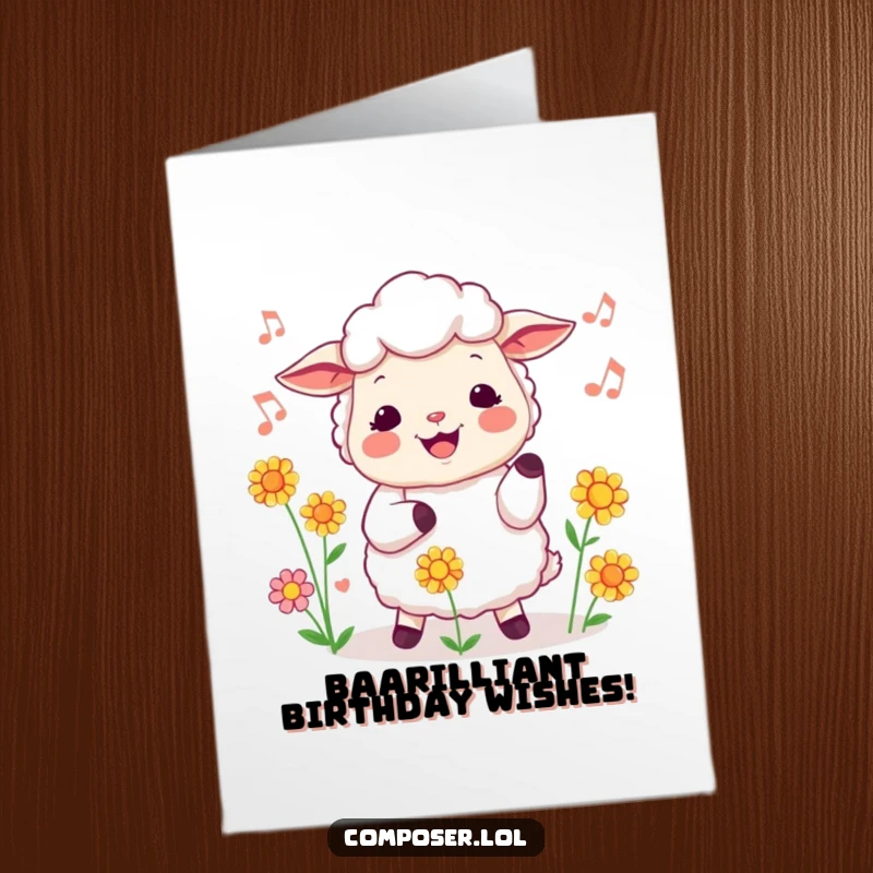 Funny Free Printable Birthday Card: Cheerful sheep conductor leads a floral chorus in a happy birthday tune.