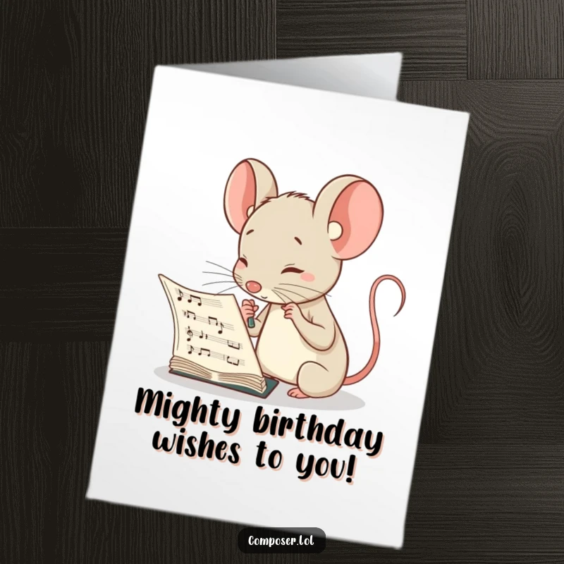 Funny free printable birthday card of a curious mouse composer deeply studying a musical score with an intense, thoughtful look.