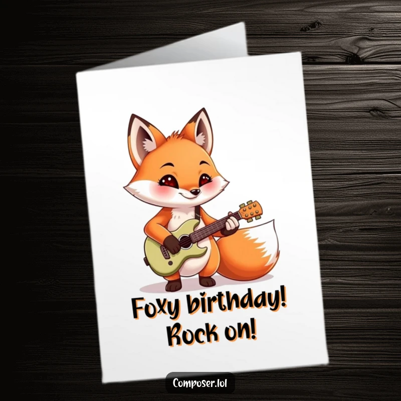 Funny Free Printable Birthday Card: Mischievous fox strumming a tiny guitar, ready to serenade with a song.