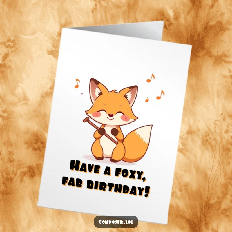 Funny Free Printable Birthday Card: A smiling fox composer creating music on a staff, with notes joyfully flying around.