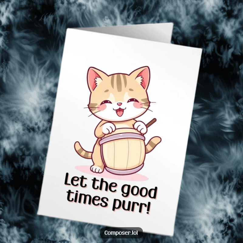 Funny Free Printable Birthday Card: A joyful kitty drummer enthusiastically taps a drum with a happy bounce.