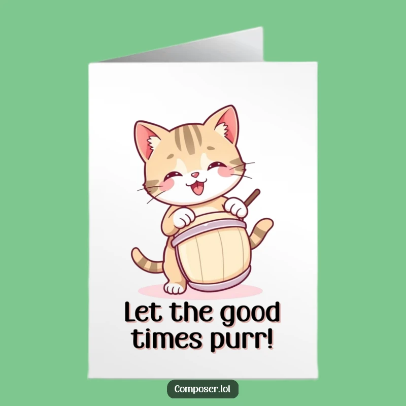 Free Printable Funny Birthday Card: Playful Kitty Drummer for a Joyful Celebration