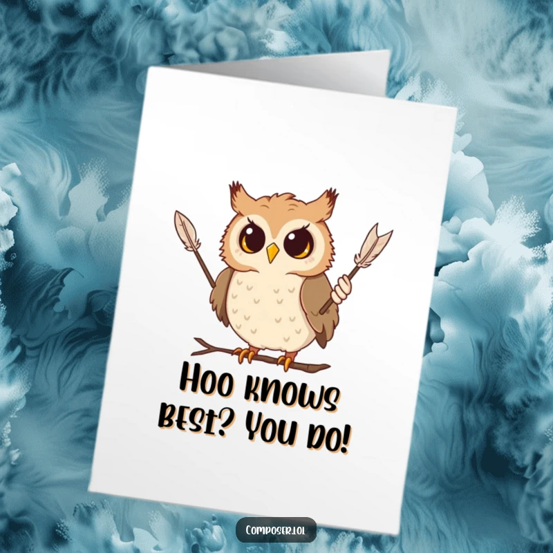 Funny Free Printable Birthday Card: Curious owl conductor waves feather baton dramatically, ready for a hilarious celebration.