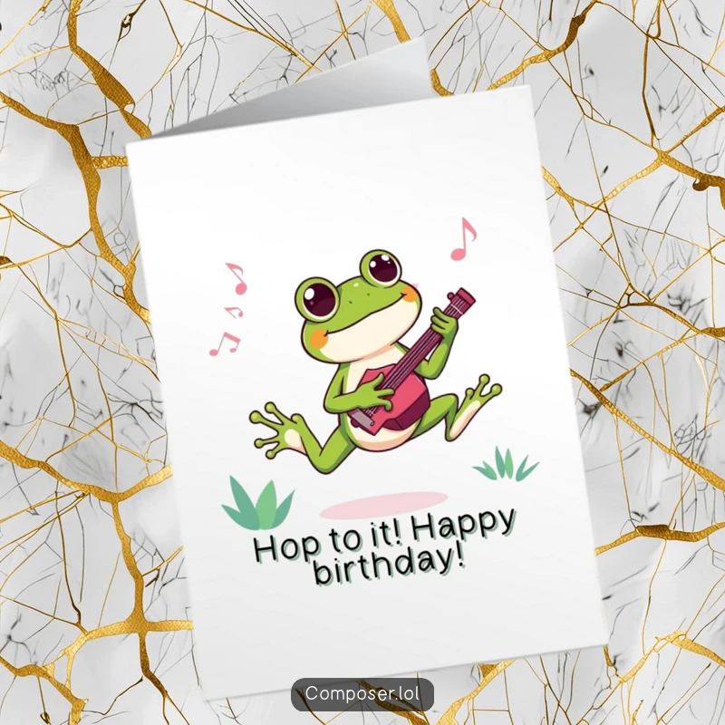 Funny free printable birthday card featuring a joyful frog composer leaping excitedly while creating a catchy, upbeat tune.