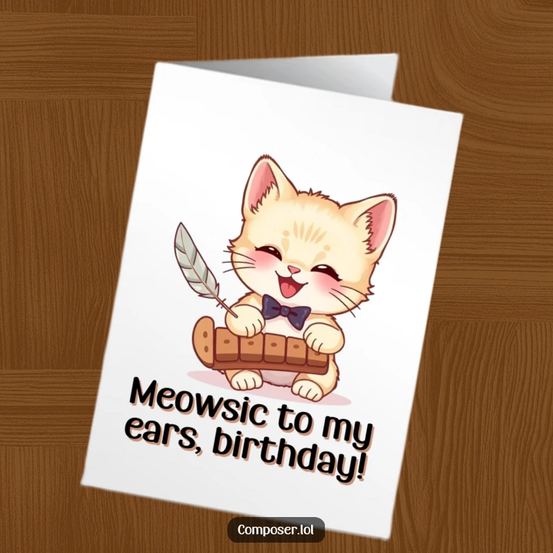 Funny Free Printable Birthday Card: A giggling kitten in a bow tie plays a xylophone with a feather, delightfully silly.