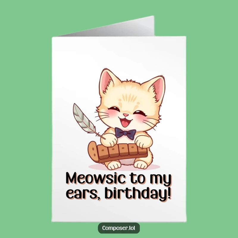 Free Printable Kitten Birthday Card: Funny Xylophone Feather Gift, Downloadable