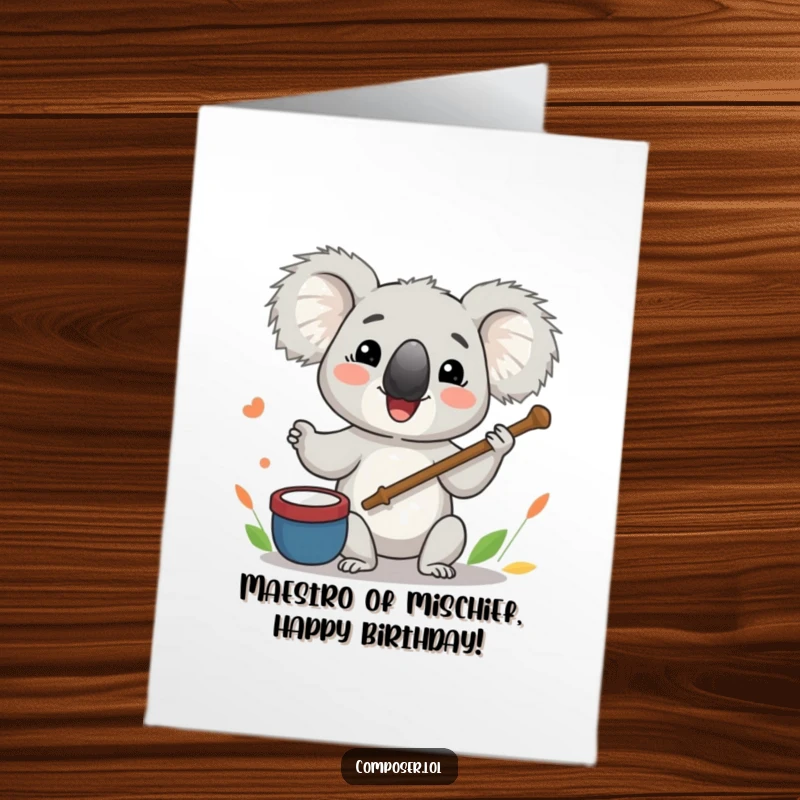 Funny Free Printable Birthday Card: Koala conductor enthusiastically leads an orchestra with a twig, celebrating a special day.